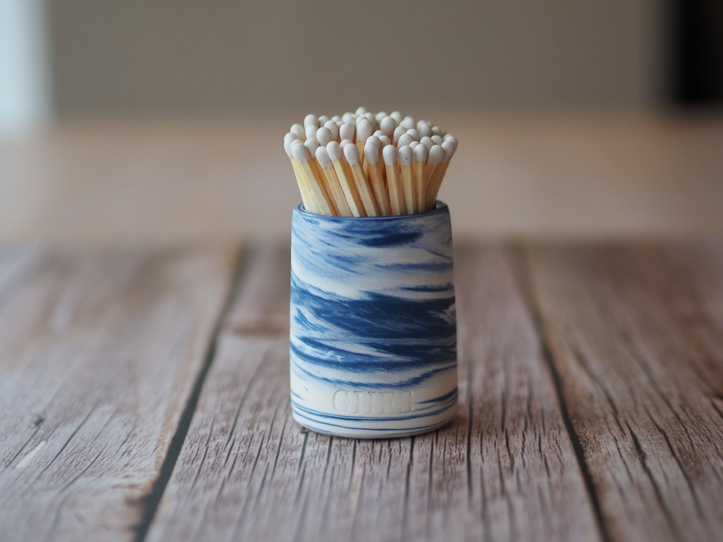 Ceramic Match Pot - Marbled Blue & White