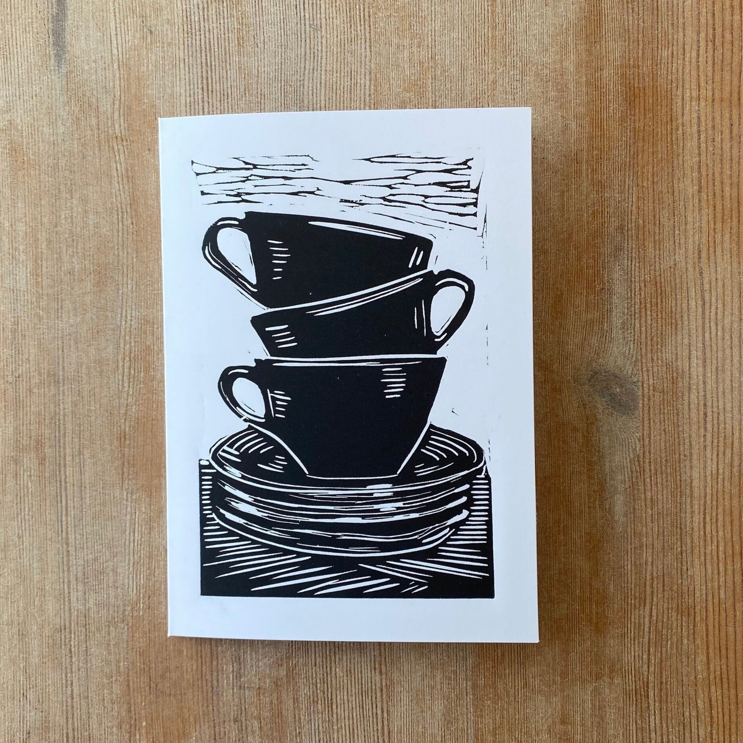 linocut greetings card coffee cups