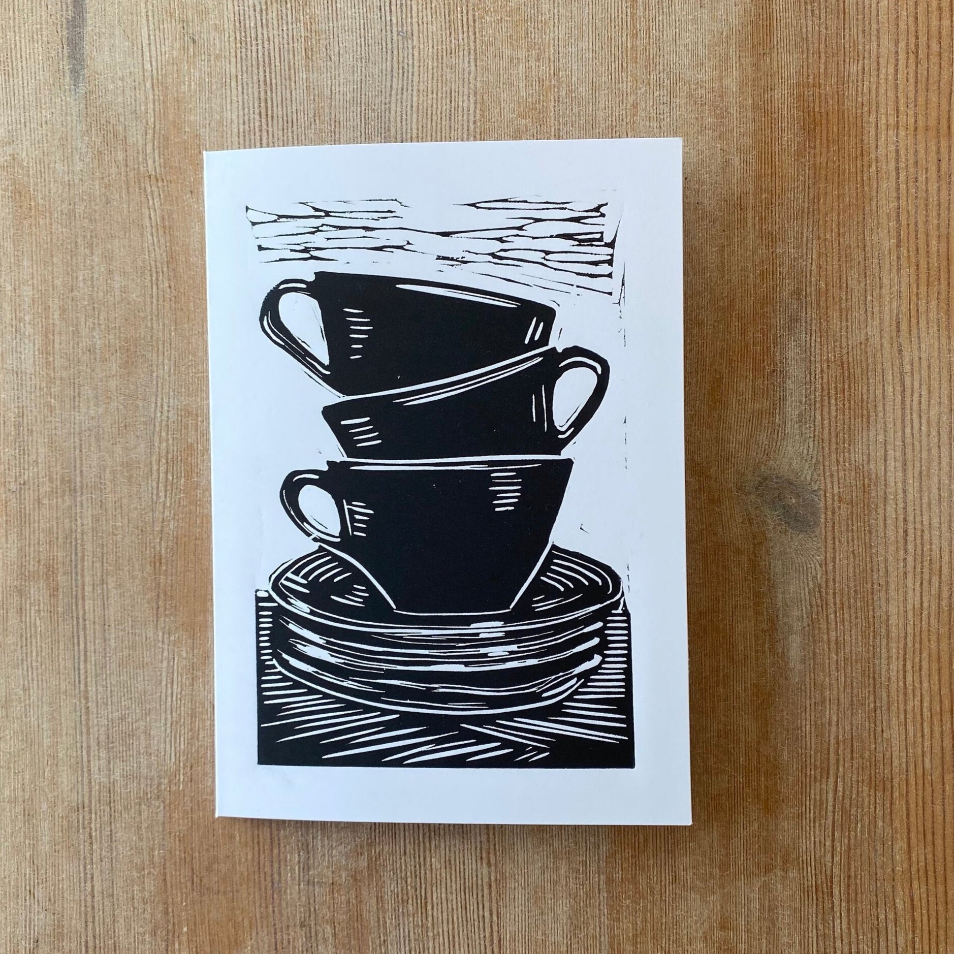 linocut greetings card coffee cups