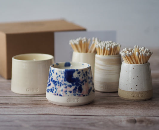 Refillable candle and ceramic match pot gift box
