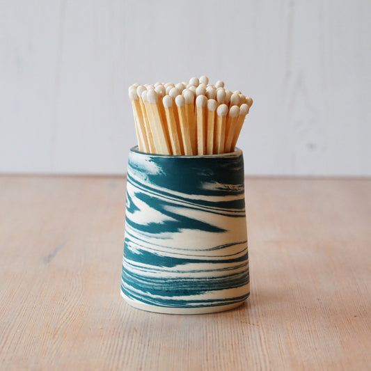 marbled teal and white match pot