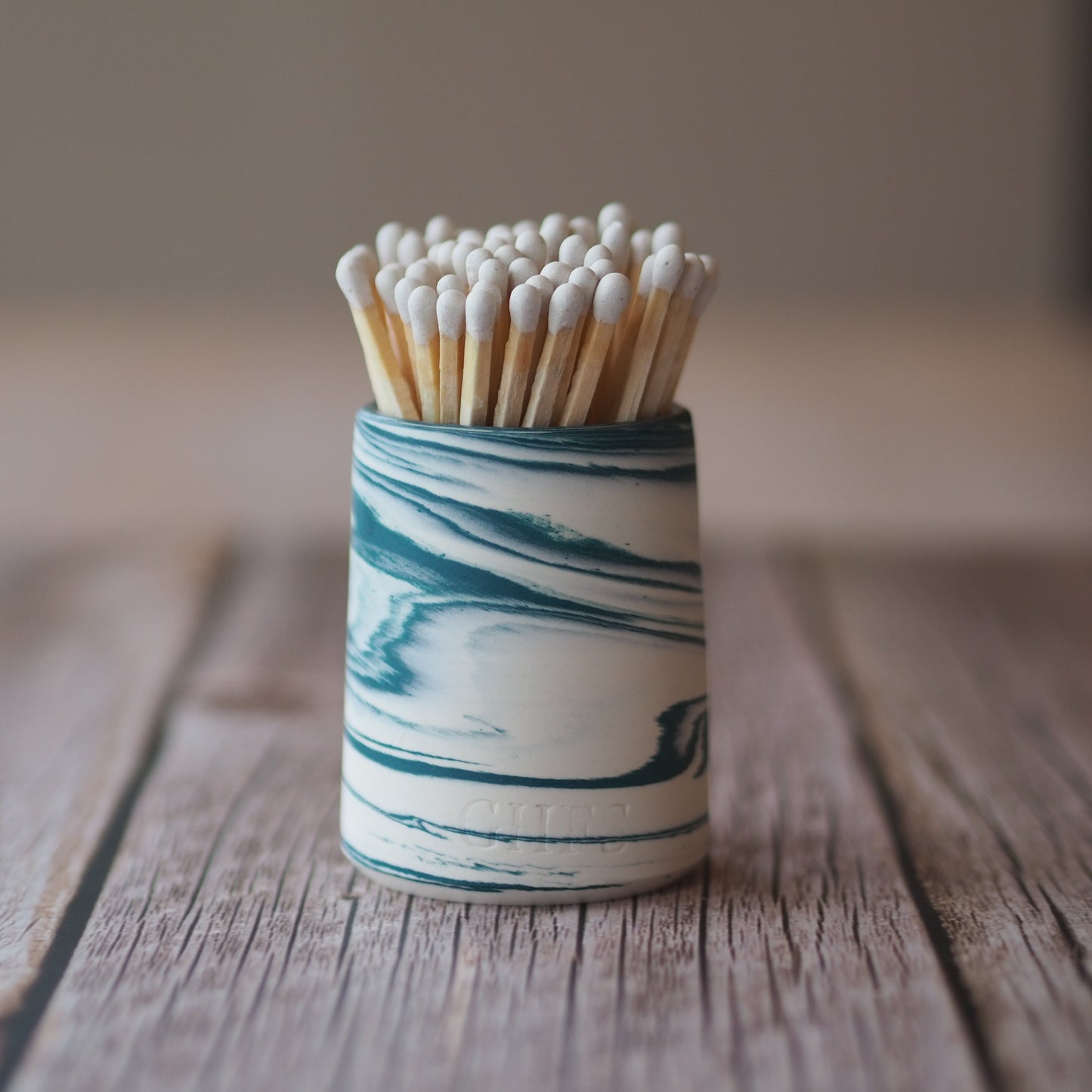 Ceramic Match Pot - Marbled Teal & White