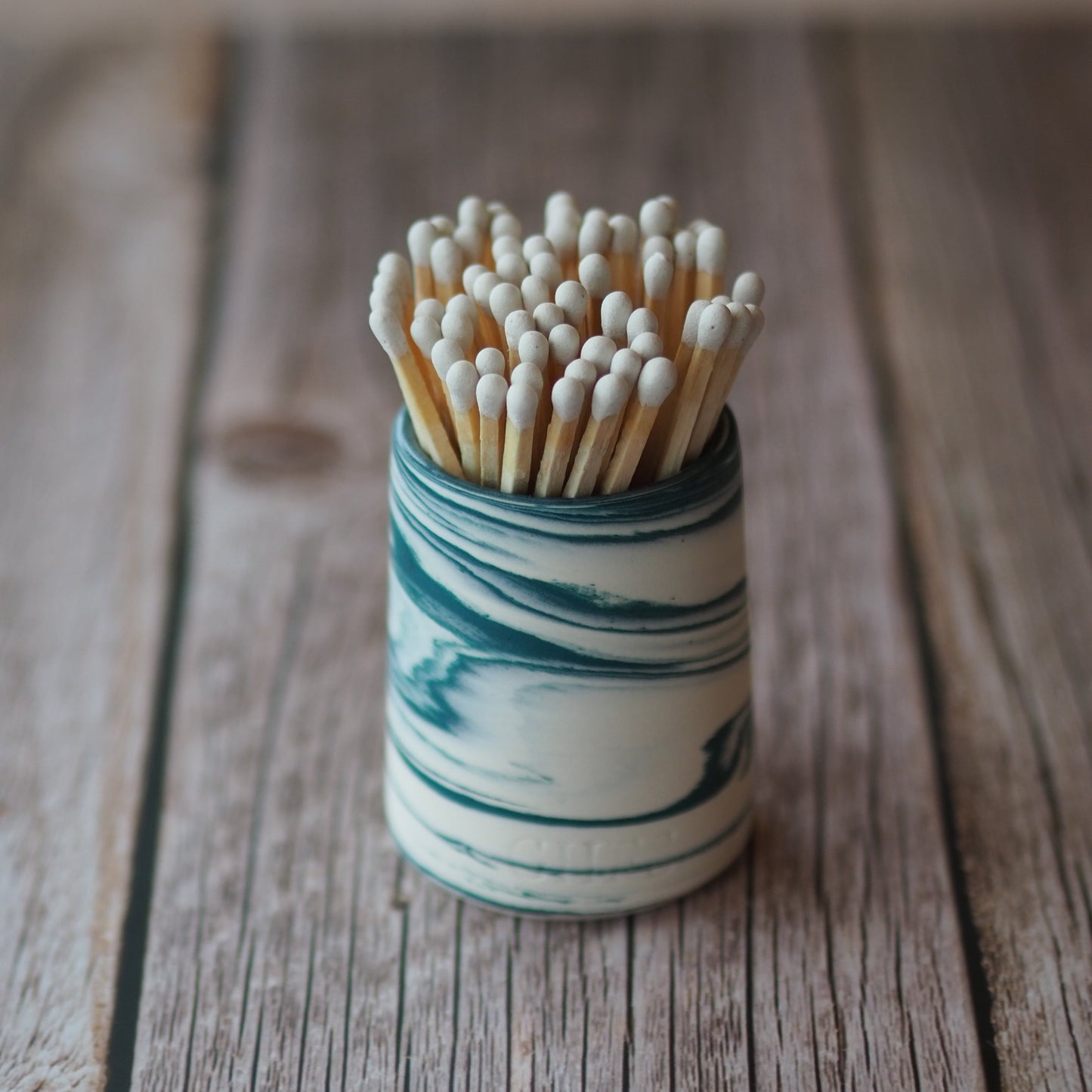 Ceramic Match Pot - Marbled Teal & White