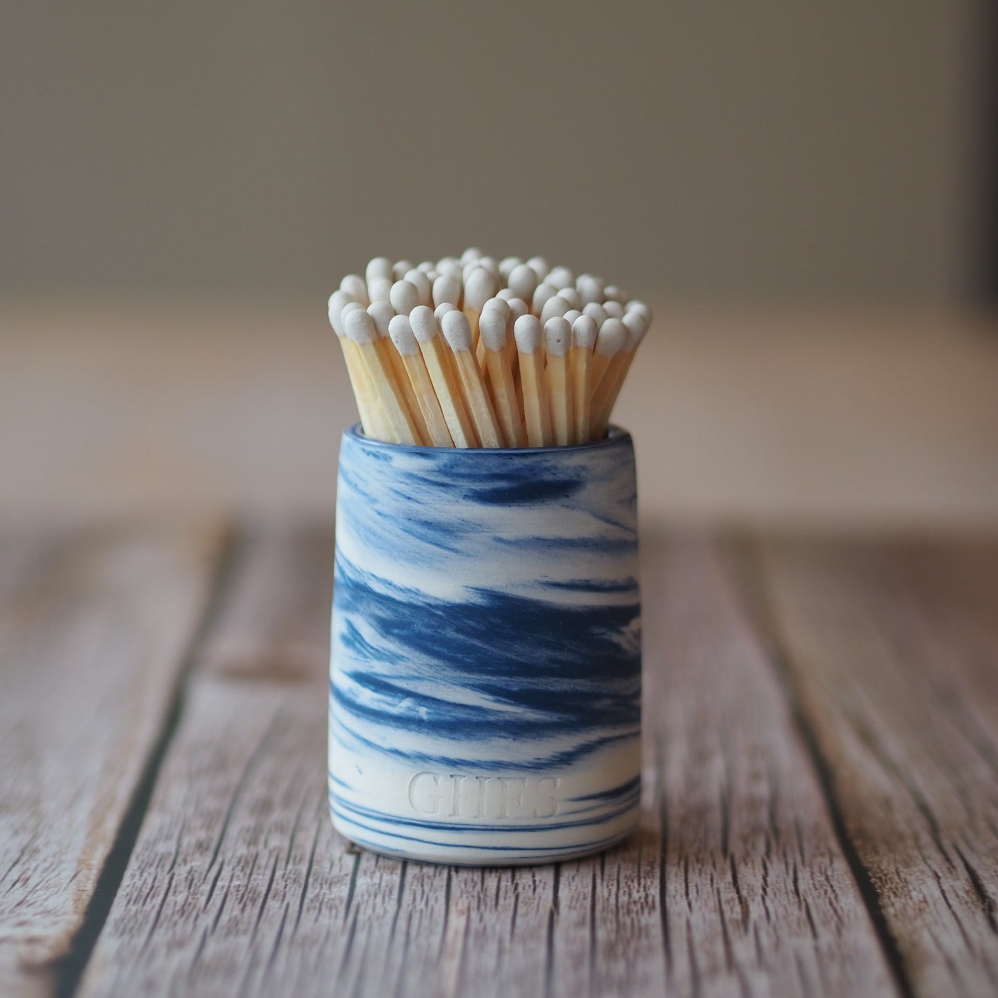 Ceramic Match Pot - Marbled Blue & White