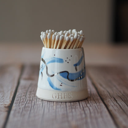 Ceramic Match Pot - Blue and Platinum