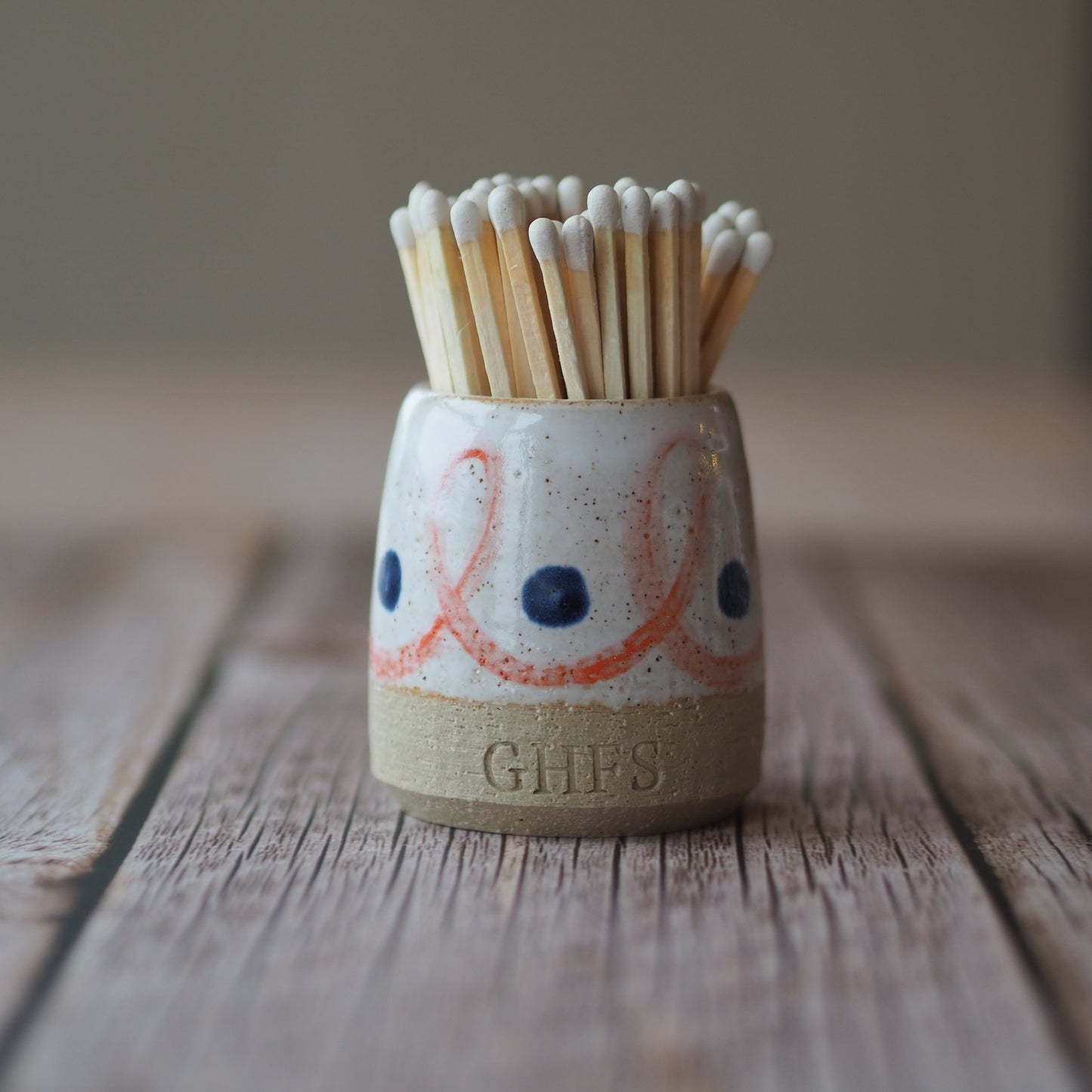 Ceramic Match Pot - Orange & Blue Loop