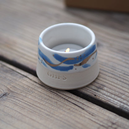 Ceramic Tealight Holder: Blue and Platinum Ribbons