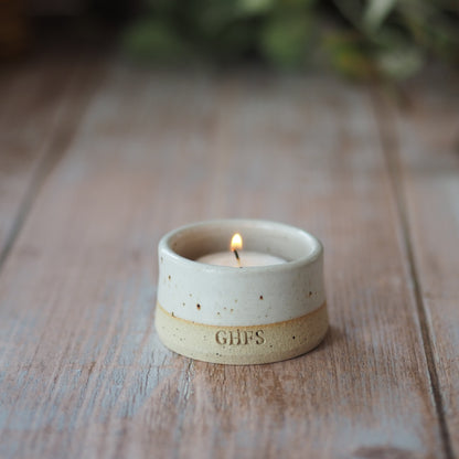 white speckle tealight holder lit autumn