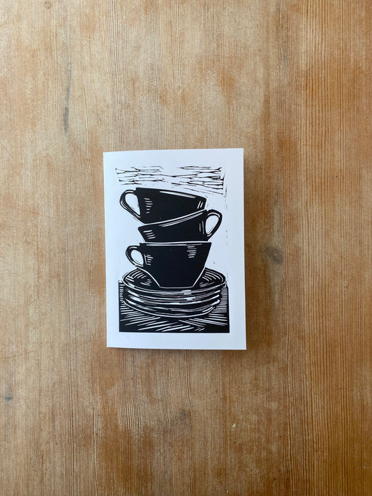 ‘Coffee Cups’ original linocut greetings card