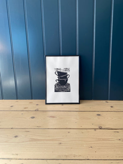 'Coffee Cups' original linocut print