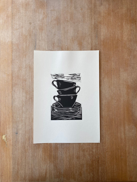 'Coffee Cups' original linocut print